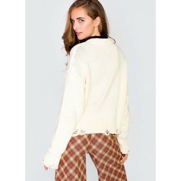 NWT WILDFOX Sz M SURE YEAH OK DISTRESSED PULLOVER SWEATER IN LATTE CREAM IVORY - Picture 8 of 12